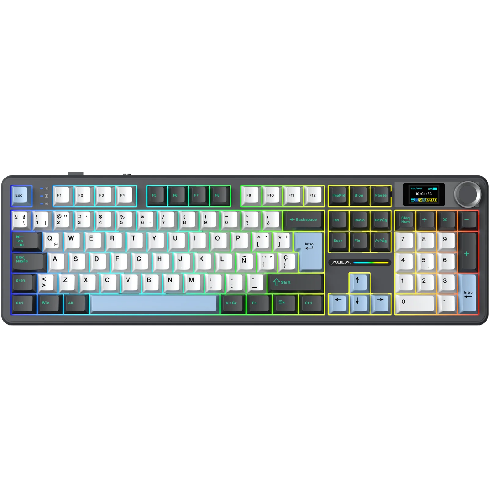 Teclado Aula F108 Pro Black White Blue Mecánico Wireless Full RGB Switch Rain Drop