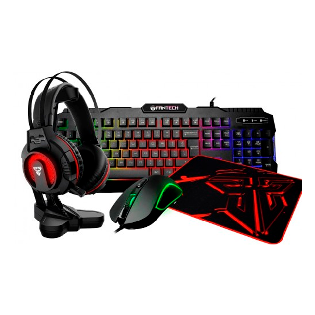 KIT GAMER 5 EN 1 FANTECH P51 BLACK TECLADO. MOUSE. PAD. AURICULAR Y SOPORTE INGLÉS