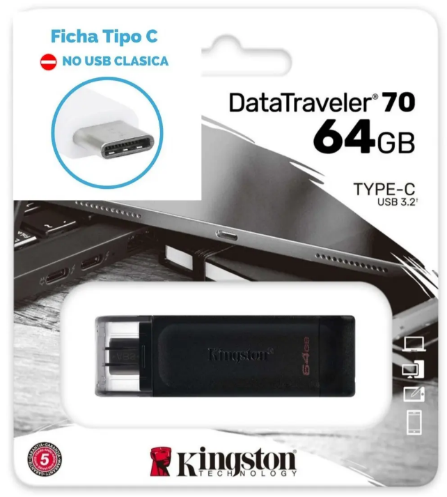 PENDRIVE KINGSTON 64GB DT70/64 USB 3.2 (CONEXIÓN USB-C)